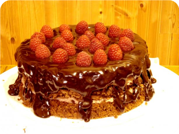 Chocolate Pecan Torte With Raspberry Cream &amp; Chocolate Glaze