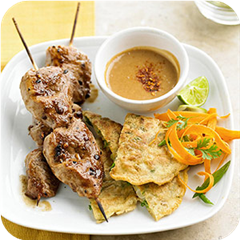 Pork kabobs with onion cakes & peanut sauce 