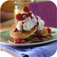 Chocolate Chip Pancakes with Raspberry Sauce