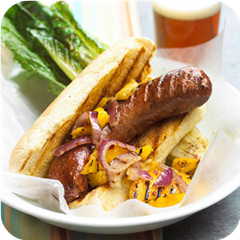 Brats with mango relish 