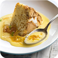 Pan-toasted angel food cake with vanilla custard 