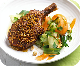 Chili-peanut pork chops with carrot-cucumber salad 