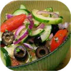 Cucumber Tomato Salad with Zucchini and Black Olives in Lemon Balsamic Vinaigrette