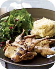 Grilled Quail with Spinach-Pomegranate Salad 