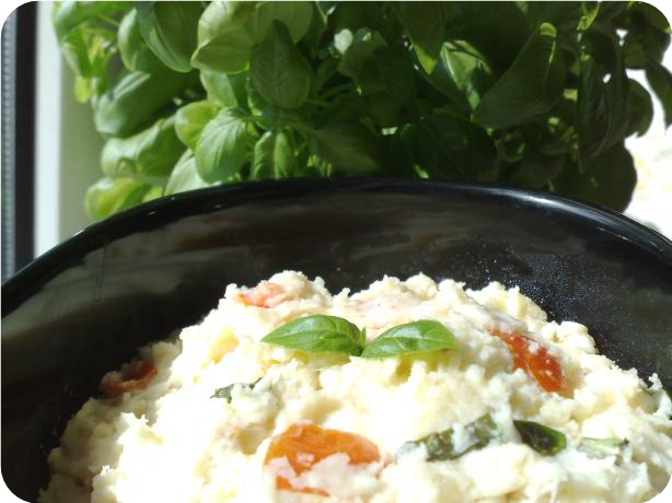 Mashed Potatoes With Mozzarella, Tomato, Basil and Pine Nuts