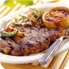 Rib-eye steaks with hot-as-heck sauce 