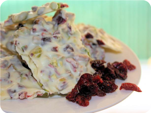 White Chocolate Bark With Pistachios and Dried Cranberries