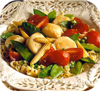 Scallops with pea pods and corn 