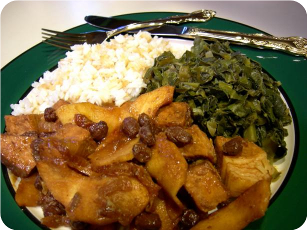 Cubed Pork With Apples and Onions and Raisins