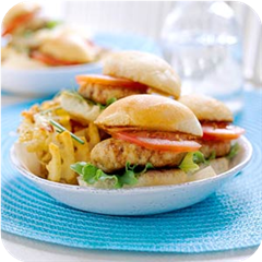 Bbq chicken burgers and waffle fries 