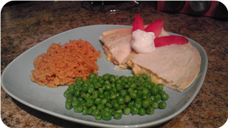 Chicken Quesadillas with Rice and Peas