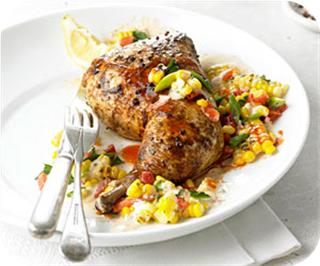 Plank-smoked chicken with grilled corn relish 