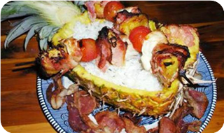 Polynesian Style Pineapple Chicken Bacon Skewers