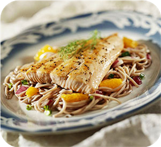 Orange salmon with noodles 