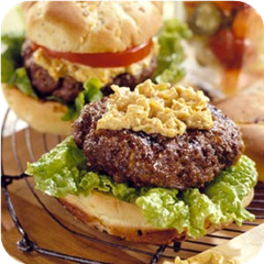Surf and turf burgers with spicy caramelized onion 