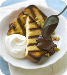 Grilled pound cake with espresso chocolate sauce 