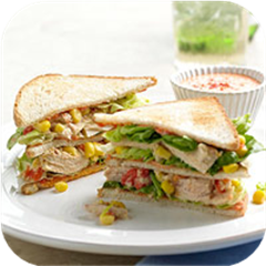 Tuna club sandwich with roasted red pepper sauce 