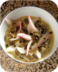 Foie Gras Soup with Lentil Gnocchi and Balsamic Onions
