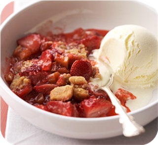 Grilled strawberry-rhubarb cobbler with shortbread crumb topper 