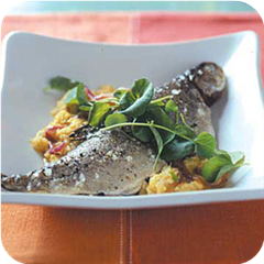 Salt and pepper trout with caramelized red onion polenta 