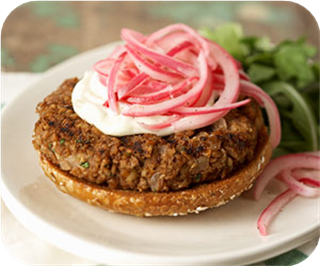 Cracked wheat burgers with pickled onions and lime slather