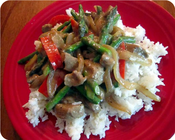 Beef Stir-Fry With Asparagus, Red Bell Peppers and Caramelized O