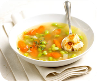 Edamame Soup with Feta Croutons
