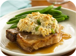 Gravy Pork Chops with Stuffing Biscuits