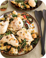 Chicken Baked on a Bed of Bread and Swiss Chard
